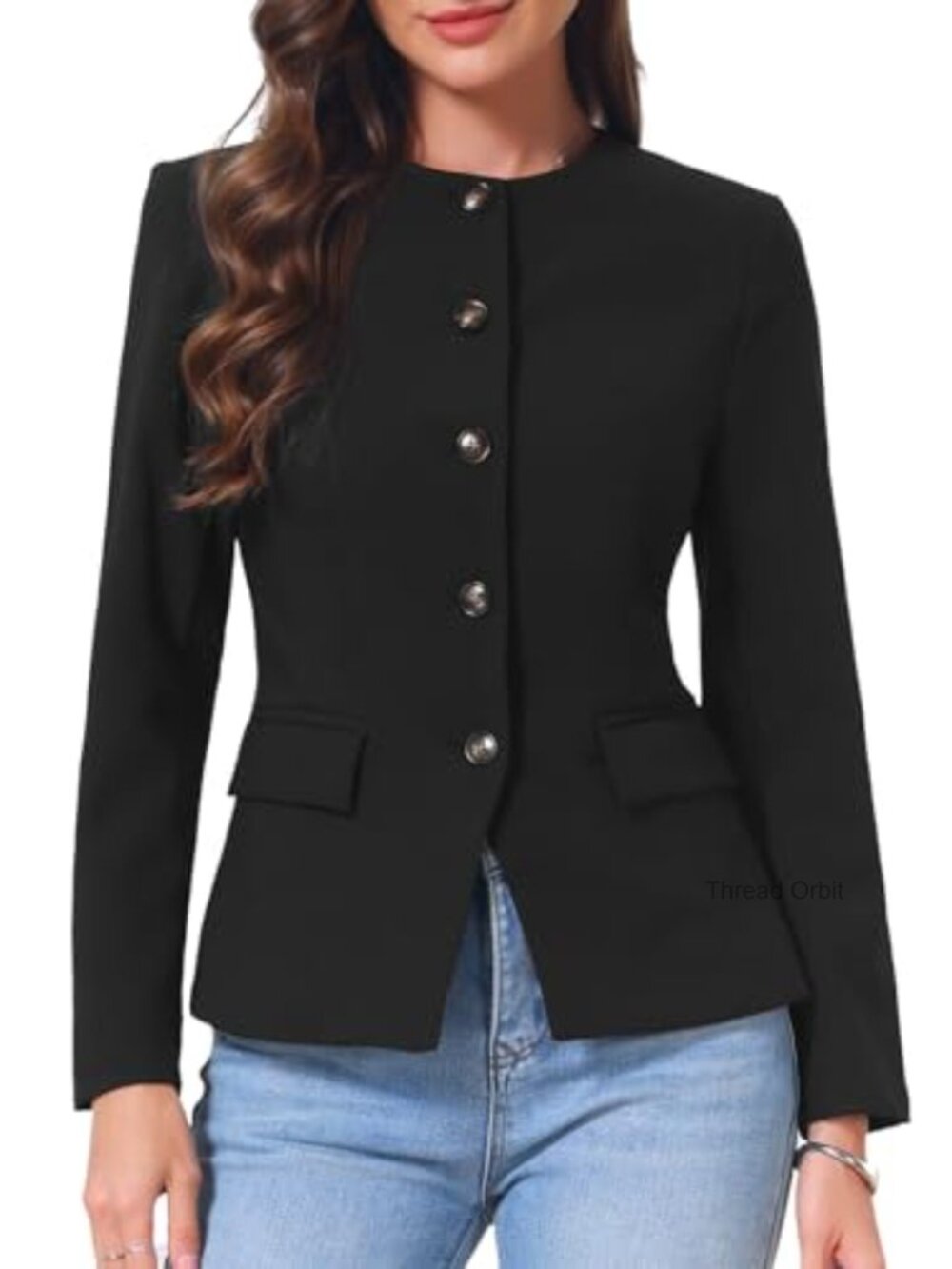 Collarless Button Down Fitted Blazer Crewneck Long Sleeve Regular Fit